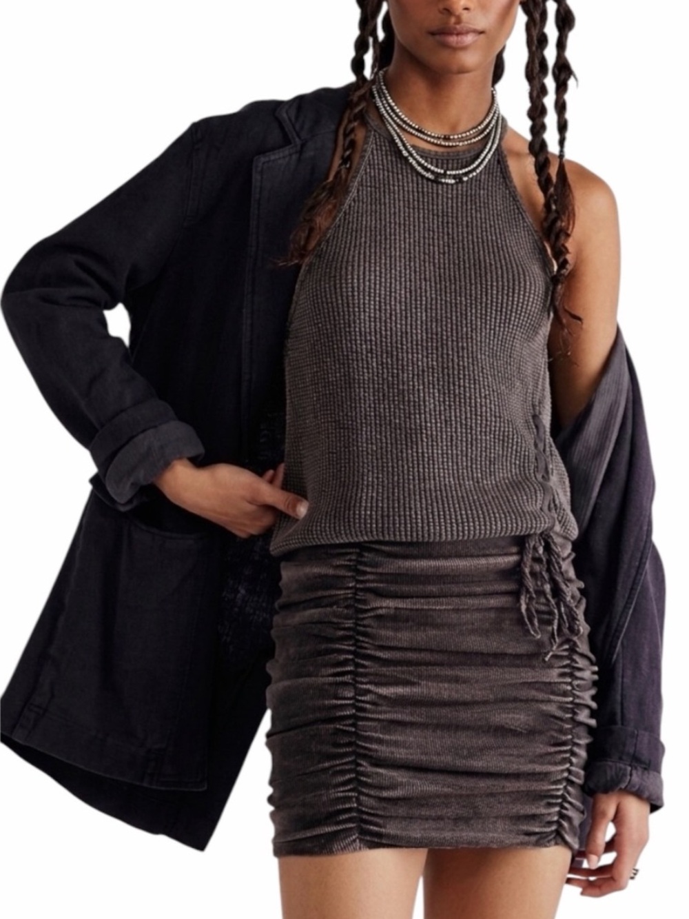 FP One Women XL Charcoal Ruched Sleeveless Katya Thermal Mini Bodycon Dress NWT